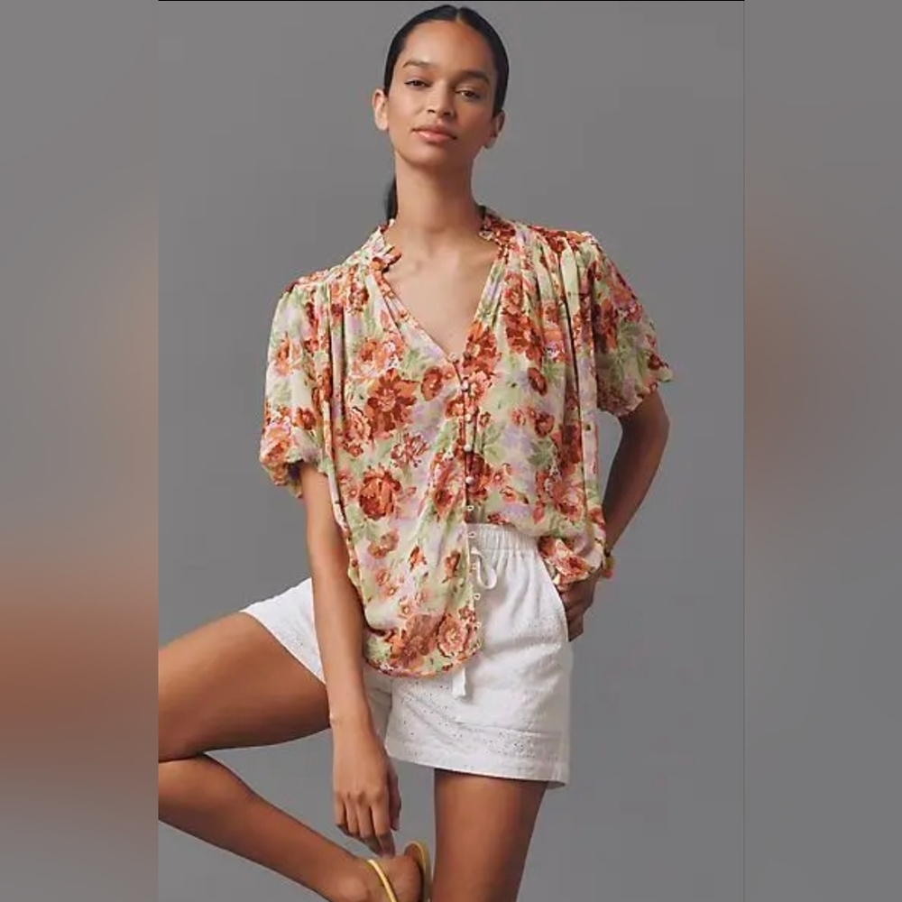 Anthropologie Estela Short Sleeve Sheer Floral Blouse - Picture 4 of 5